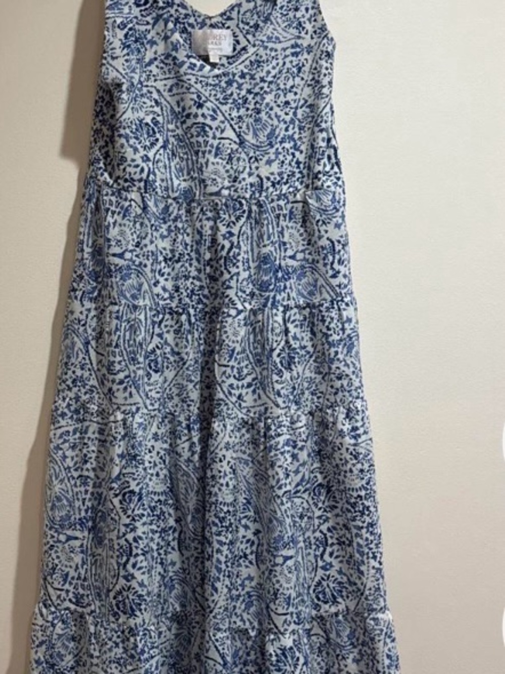 Dressy long summer dress with ties at shoulder.